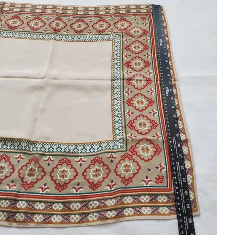Satiny Multicolor Border Trim Scarf w Intricate Pattern 26" X 26" - Picture 6 of 6